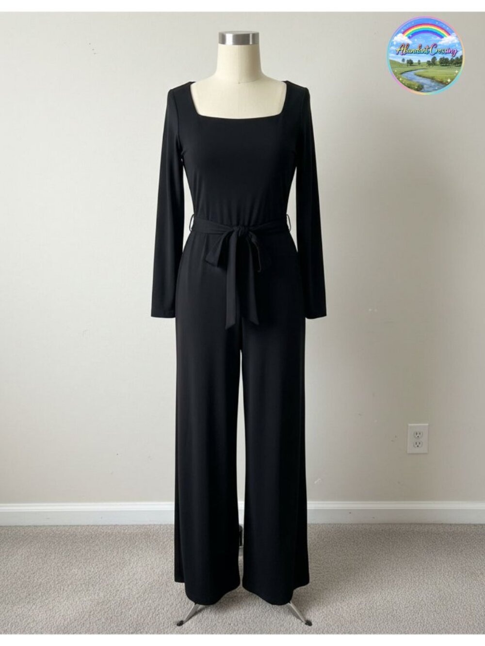 Women's Wide Leg Jumpsuit Long Sleeve Square Neck Belted One Piece